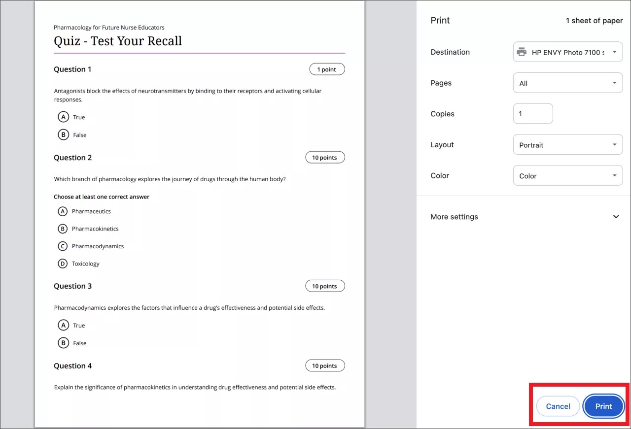 Select desired print options 