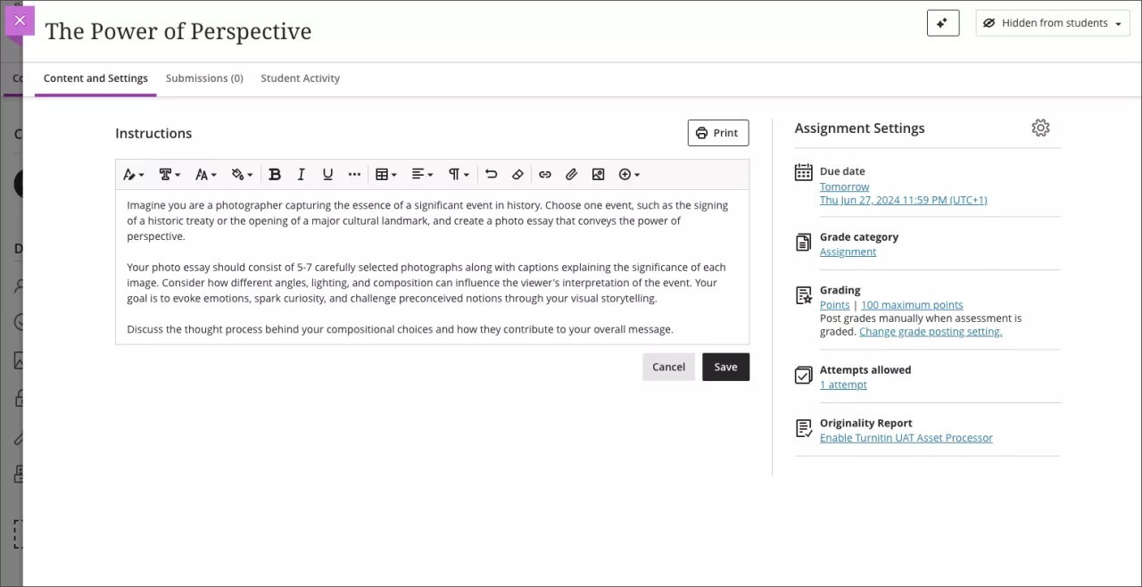 Instructor view of adding instructions to an assignment 