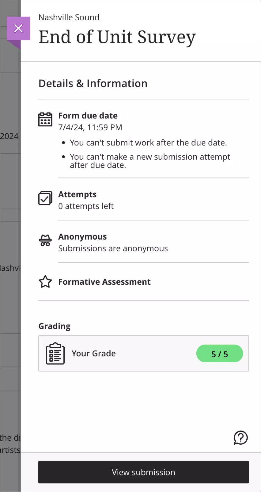 Student view of the Details and Information settings with the Anonymous label and icon for a form 