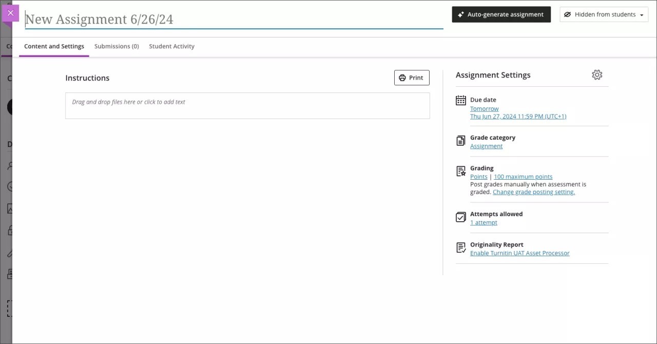 Instructor view of the New Assignment page with the new Instructions box 