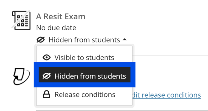 A screenshot of the Instructor view of an assessment with Hidden from students selected.