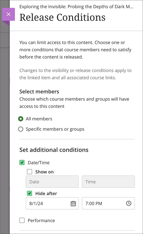 A screenshot of the Instructor view of release conditions settings with a date/time release condition combined with the Hide state