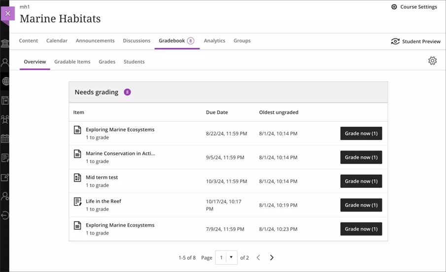 A screenshot of the Instructor view of the new Needs Grading count on the Gradebook tab and the Needs Grading section on the new Overview page 