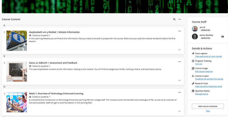 Screenshot of the Course Content page with Details and Actions panel on the right of the page.