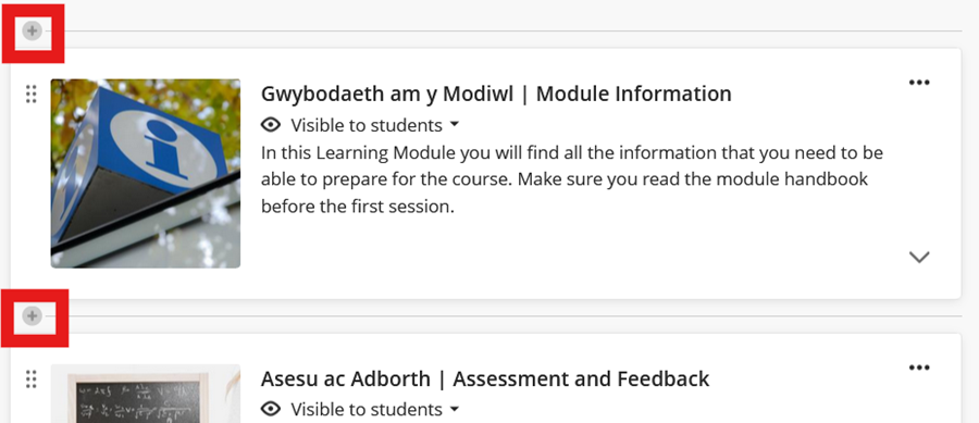 A screenshot of Instructor view: Course Content page with the plus icons highlighted.