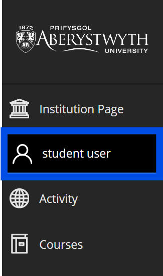 The Blackboard navigation menu with the user profile highlighted  