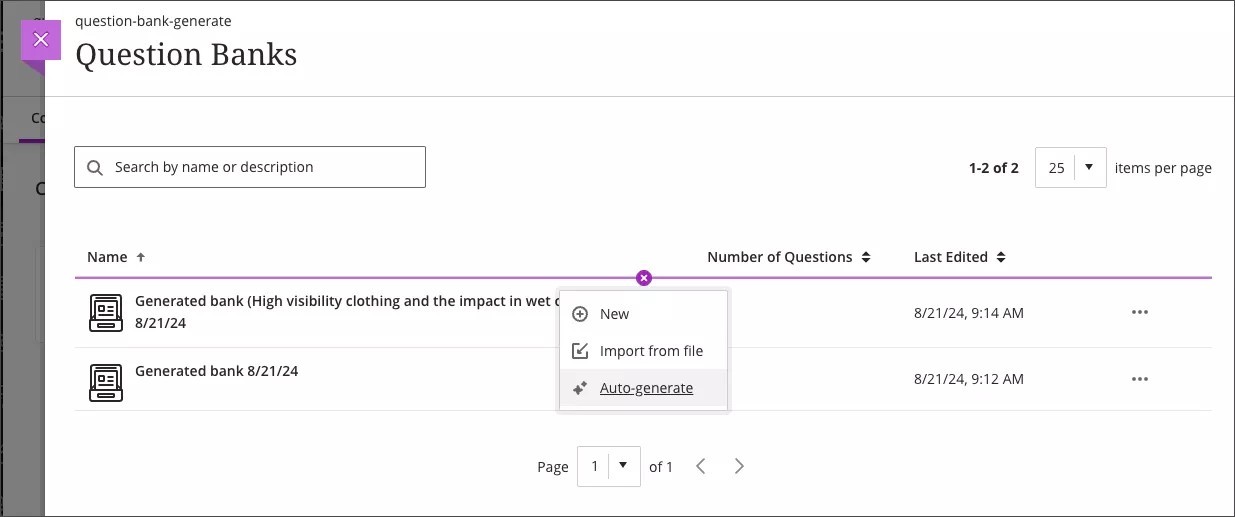 Question bank main screen with the dropdown selected and Auto-generated appearing