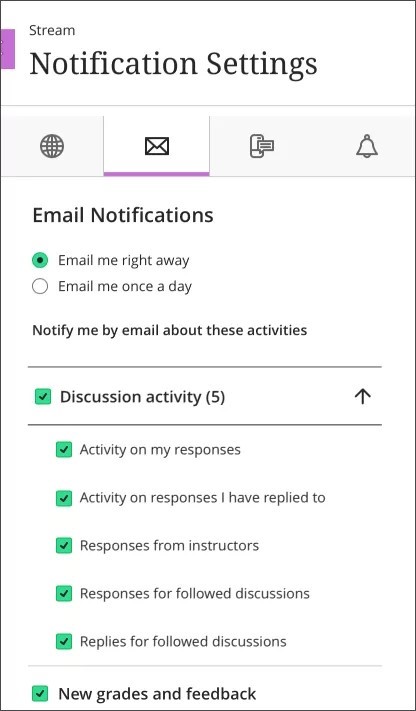 Notification settings for emails 