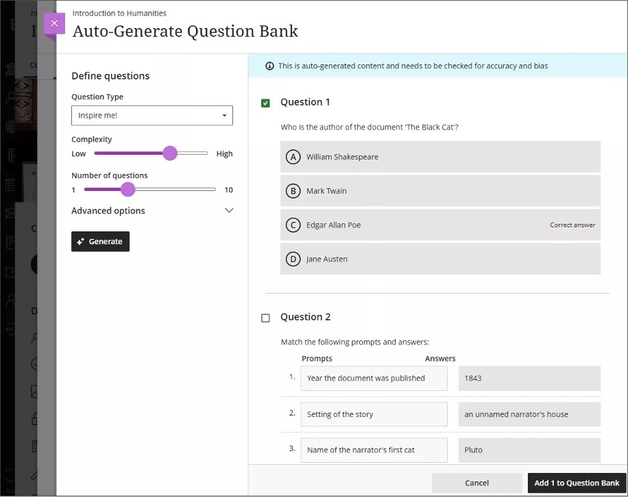 Question bank generation page, showing options on the left and questions on the right 