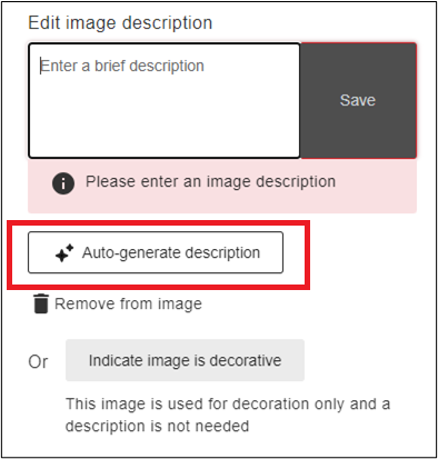Screenshot of the ALT Text screen with Auto-generate description highlighted