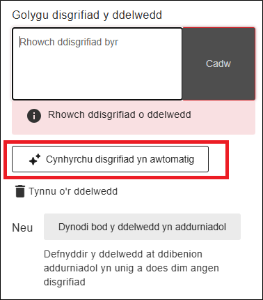 Sgrinlun y sgrin ALT Text gyda Cynhyrchu disgrifiad yn awtomatig wedi'i amlygu