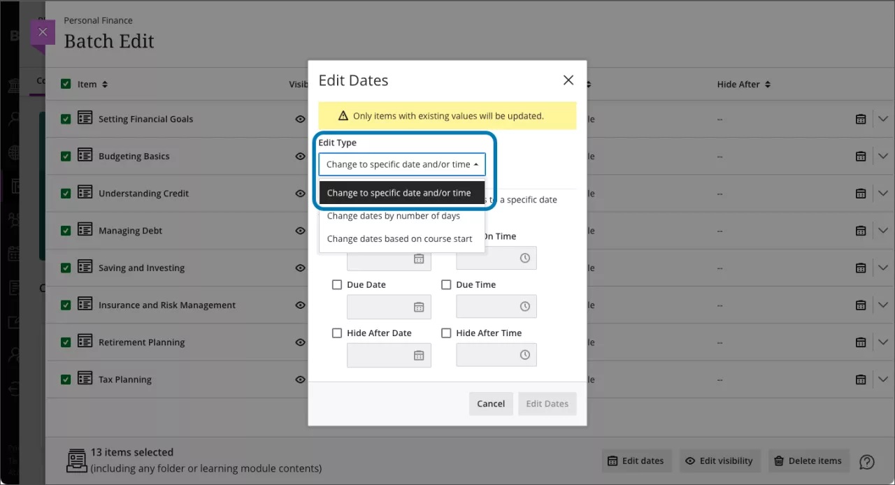 Edit Dates option in Batch Edit 