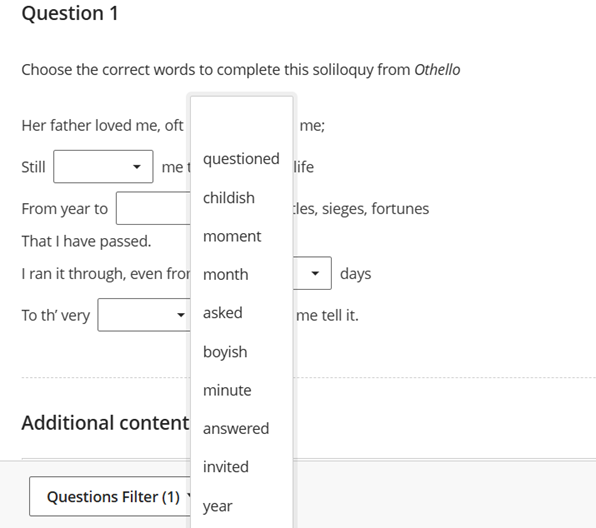 image showing Jumbled Sentence options from dropdown menu